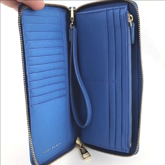 Tory Burch Wallet Wristlet Robinson Continental Leather Royal Blue Zip Around - Picture 7 of 14